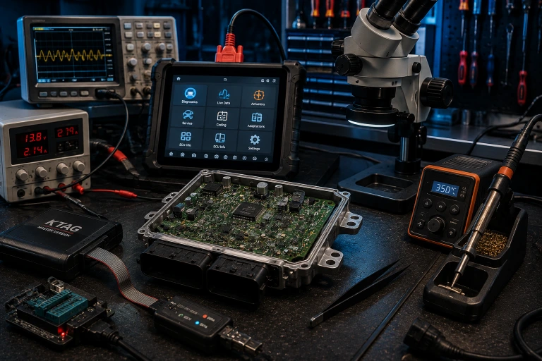 Reparații module auto pe banc cu ECU, osciloscop și scule de electronică